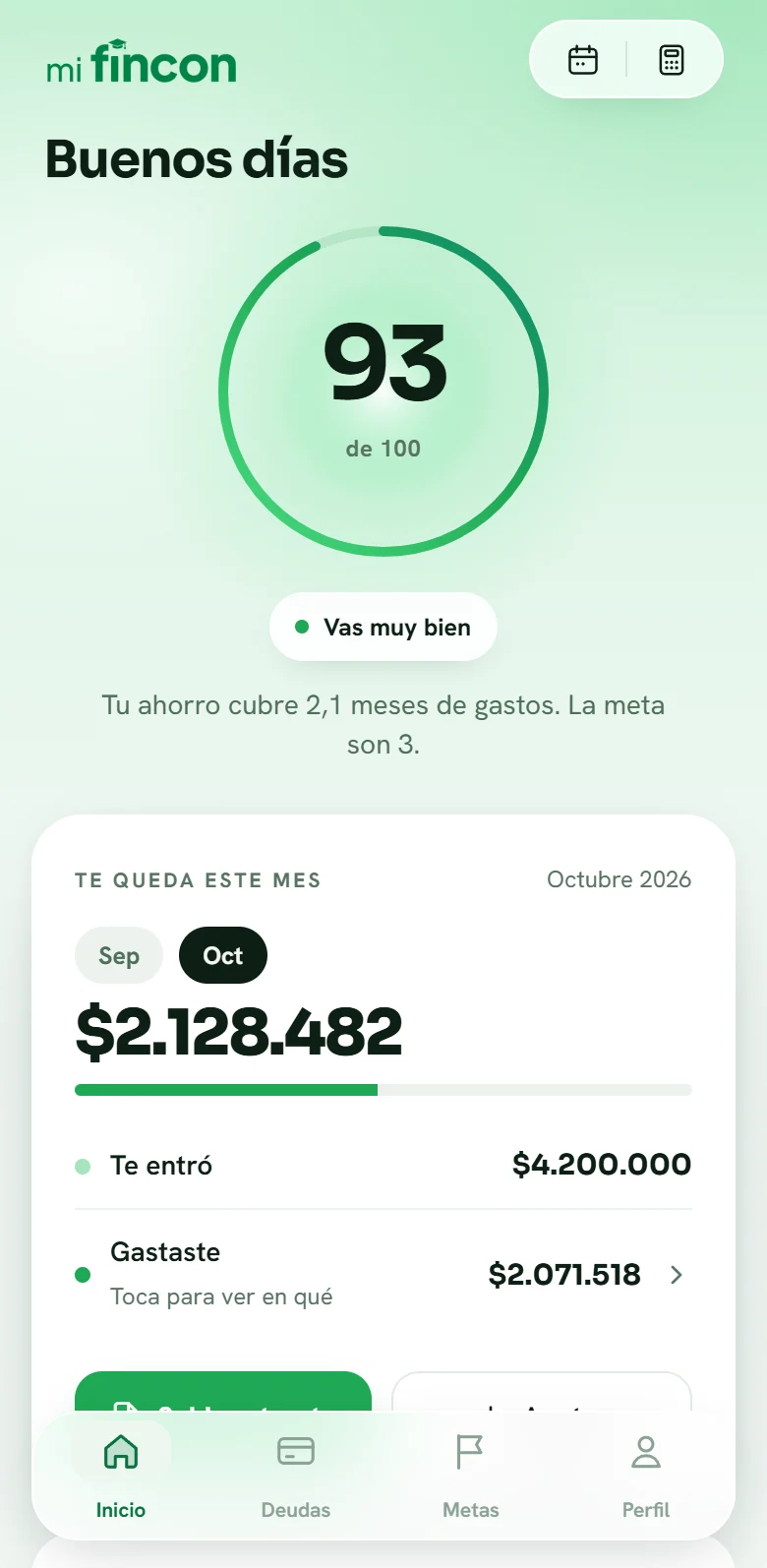 Pantalla de inicio de Mi Fincon con el puntaje del mes y lo que queda de plata
